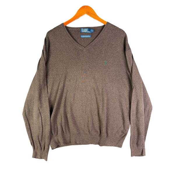 Polo Ralph Lauren V Neck 100% Pima Cotton Sweater Brown‎ Green Logo Mens 2XL EUC - Picture 1 of 7